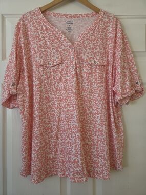 croft & barrow Coral and White Split-Neck Short Sleeve Tunic